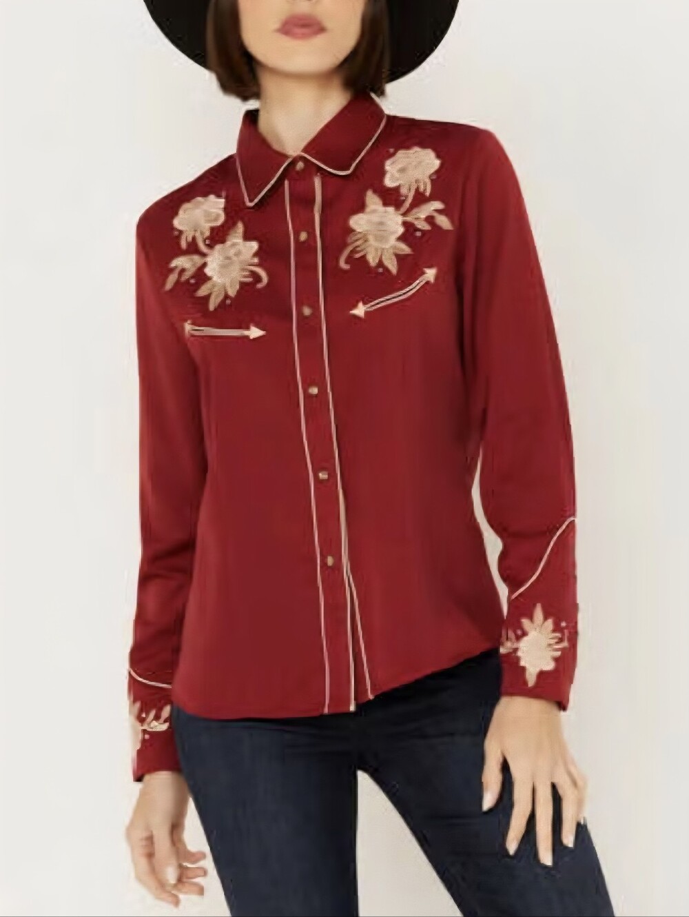 Scully Cranberry Floral Embroidered Rhinestone Western Shirt Size Small